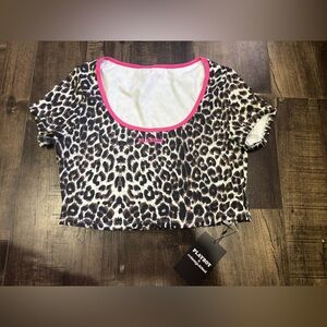 PLAYBOY Leopard Print Tee with Hot Pink Trim